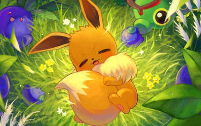 ambiguous_gender blue_body brown_body brown_fur feral fur grass group open_mouth plant red_eyes smile tail trio usagimarumei nintendo pokemon caterpie eevee generation_1_pokemon mammal oddish pokemon_(species) digital_media_(artwork)