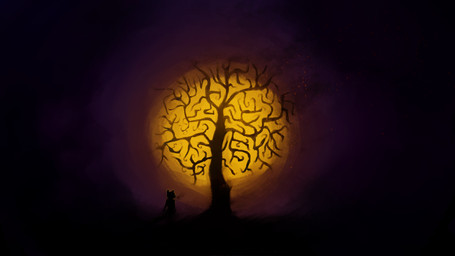 ambiguous_gender anthro darkness embers plant smoke solo sun tree young young_ambiguous young_anthro dakkawoof dakka canid canine canis mammal wolf 16:9 2020 4k absurd_res hi_res wallpaper widescreen