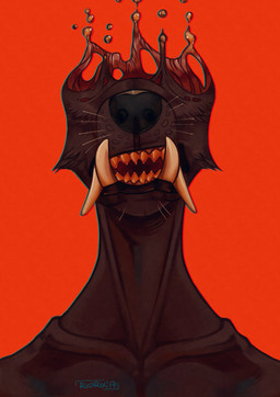 ambiguous_gender anthro big_fangs body_horror brown_body brown_fur cheek_tuft facial_tuft fangs front_view fur gore open_mouth red_background sharp_teeth simple_background solo tan_teeth teeth tuft whiskers riorix canid mammal 2017 bust_portrait dated hi_res portrait signature