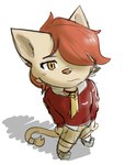 anthro bottomwear clothing hair hair_over_eye high-angle_view looking_at_viewer male necktie red_hair shorts solo young hyenapaine cyberconnect2 fuga:_melodies_of_steel little_tail_bronx kyle_bavarois domestic_cat felid feline felineko felis mammal hi_res