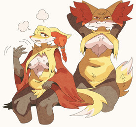 anthro belly bodily_fluids body_hair braided_hair breast_curtains breasts breath brown_legs cape cheek_tuft chest_tuft cleavage closed_smile clothed clothing countershade_face countershading crotch_tuft curled_fingers dipstick_tail emanata facial_tuft fanning fanning_self featureless_breasts featureless_crotch female female_anthro fluffy fluffy_tail fur furrowed_eyebrows hair hands_behind_head happy_trail head_tuft humanoid_hands inner_ear_fluff markings medium_breasts mischievous_smile motion_lines mouth_closed multiple_expressions multiple_poses navel nipple_tape nude one_fang open_mouth orange_eyes panting pasties pointy_ears pose red_cape red_clothing shadow_face simple_background sitting slightly_chubby slightly_chubby_anthro slightly_chubby_female small_waist smile smiling_at_viewer solo standing sweat sweatdrop tail tail_markings tape thick_thighs tuft under_boob white_background white_breasts white_tail_tip yellow_belly yellow_body yellow_fur wolfertinger nintendo pokemon delphox generation_6_pokemon pokemon_(species) 2024 cel_shading hi_res pinup portrait shaded three-quarter_portrait nonbinary_(lore)