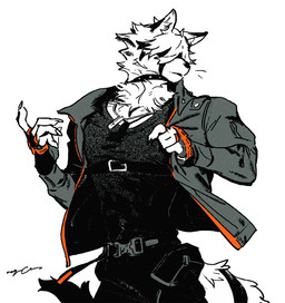 anthro black_nose clothed clothing collar fingerless_gloves fluffy fluffy_tail fur gloves hair handwear jacket kemono male obscured_eyes pointy_ears simple_background solo straps tail topwear white_body white_fur white_hair nagabe mihoyo zenless_zone_zero von_lycaon canid canine canis mammal thiren wolf 2026