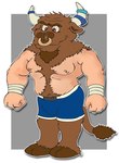 anthro bandage blue_bottomwear blue_clothing blue_shorts body_hair border bottomwear brown_body brown_fur brown_hair brown_nose bulge chest_hair clothed clothing detailed_background facial_piercing fur grey_background hair happy_trail hooves horn male maximo_(brucebadger) navel nipples nose_piercing nose_ring piercing red_eyes ring_piercing shorts shorts_only simple_background smile solo topless white_border white_waistband yellow_sclera brucebadger bison bovid bovine mammal hi_res