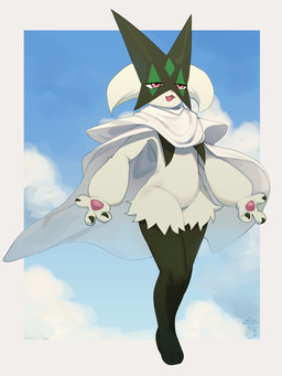 3_fingers 3_toes ambiguous_gender anthro cape claws clothing feet finger_claws fingers fur green_body green_fur mask open_mouth pawpads paws pink_eyes pink_nose solo toes white_cape white_clothing yuureii dragon_ball nintendo pokemon generation_9_pokemon meowscarada pokemon_(species) 2025 absurd_res hi_res