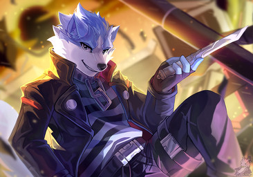 anthro belt black_clothing black_jacket black_topwear blue_body blue_fur blurred_background bottomwear clothing collar dagger fingerless_gloves fur gloves handwear holding_dagger holding_melee_weapon holding_object holding_weapon jacket looking_at_viewer male melee_weapon pants pattern_clothing pattern_shirt pattern_topwear shirt smile solo striped_clothing striped_shirt striped_topwear stripes topwear weapon white_body white_fur zeitzbach anomaly_collapse regel_(anomaly_collapse) canid canine canis mammal wolf 2024 digital_media_(artwork)