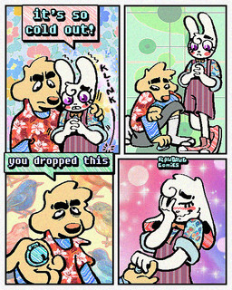 aloha_shirt anthro big_ears blush chastity_cage chastity_device clothing dialogue duo embarrassed eyelashes footwear four_frame_image humor long_eyelashes male male/male overalls pattern_background pattern_clothing pattern_shirt pattern_topwear shirt simple_background socks socks_with_sandals speech_bubble text topwear rawdawgcomics rawdawgcomics_(series) bingus_(rawdawgcomics) stahli_(rawdawgcomics) canid canine canis domestic_dog lagomorph leporid mammal rabbit 4:5 comic english_text multiple_scenes