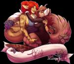 amber_eyes banner big_breasts breasts clothing duo female female/female flower plant romantic romantic_ambiance romantic_couple rose_(flower) saxa shirt speech_scroll stated_homosexuality stated_sexuality tank_top topwear avoid_posting zingiber canid canine canis domestic_dog fish mammal marine shark cel_shading hi_res shaded