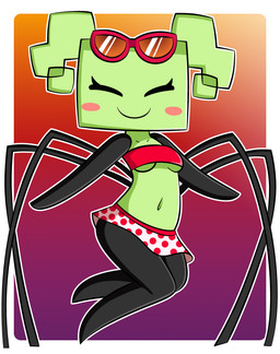 black_arms black_legs blush blush_stickers border bottomwear breasts clothed clothed_female clothed_humanoid clothing collarbone eyelashes eyes_closed eyewear eyewear_on_head featureless_hands featureless_legs female female_humanoid gradient_background green_body green_breasts green_hair green_skin hair navel not_furry outline pattern_bottomwear pattern_clothing pattern_swimwear pigtails pink_blush red_clothing red_eyewear red_sunglasses red_topwear simple_background small_breasts smile solo spots spotted_bottomwear spotted_clothing spotted_swimwear square_(anatomy) sunglasses sunglasses_on_head swimwear topwear under_boob white_border white_bottomwear white_clothing white_outline dreameclipsewolf mario_bros nintendo paper_mario mimi_(paper_mario) arachnid arthropod humanoid spider 2023 absurd_res digital_media_(artwork) hi_res shaded