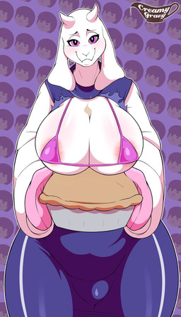 anthro big_breasts bikini breasts clothed clothing dessert female food front_view fur holding_food holding_object horn huge_breasts long_ears looking_at_viewer pastry pattern_background pie simple_background solo swimwear text torn_clothing two-piece_swimsuit white_body white_fur creamygravy undertale undertale_(series) toriel boss_monster_(undertale) bovid caprine mammal 2015 4:7 digital_media_(artwork) english_text