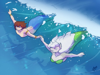 anthro armlet arms_out bare_shoulders blue_body blue_eyes blue_scales blue_tail bodysurfing bra bracelet breasts brown_hair cleavage clothed clothing duo eye_contact eyes_closed female female_anthro fur green_body green_bra green_clothing green_scales green_tail green_underwear grey_body grey_fur hair hand_holding jewelry long_hair looking_at_another male male/female male_humanoid scales seashell_bra split_form strapless_bra strapless_clothing strapless_underwear swimming tail topless topless_male underwear wave white_hair shyr nyra_(rikuthemermage) riku_(rikuthemermage) aquatic canid canine canis humanoid humanoid_merfolk mammal merfolk wolf 2025 absurd_res hi_res signature