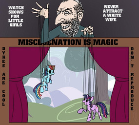 antisemitism beard blue_body blue_feathers blue_fur caricature cutie_mark facial_hair feathered_wings feathers female feral fur hair horn long_hair male marionette multicolored_hair open_mouth politics propaganda puppet puppet_show puppet_strings puppeteer purple_body purple_fur purple_hair quadruped racism rainbow_hair religion short_hair solo tail text two_tone_hair what wings a_wyatt_mann nick_bougas wyatt_mann friendship_is_magic happy_merchant hasbro judaism my_little_pony mythology rainbow_dash_(mlp) twilight_sparkle_(mlp) equid equine human mammal mythological_creature mythological_equine pegasus unicorn 2011 compression_artifacts digital_media_(artwork) english_text