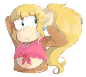 anthro blonde_hair brown_body brown_fur clothing female fur green_eyes hair jewelry long_hair navel simple_background solo white_background solstice-rose donkey_kong_(series) nintendo dixie_kong haplorhine mammal monkey primate signature