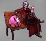 ambiguous_gender bench clothing coat cutlery dessert duo food grey_background hair ice_cream kitchen_utensils male on_bench simple_background sitting spoon tools topwear white_hair voodoothur capcom devil_may_cry kirby_(series) nintendo dante_(dmc) kirby alien human mammal waddling_head