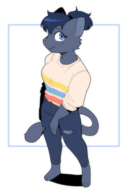 anthro barefoot blue_body blue_bottomwear blue_clothing blue_ears blue_eyes blue_fur blue_hair blue_inner_ear blue_jeans blue_pants bottomwear breasts clothed clothed_anthro clothed_female clothing denim denim_bottomwear denim_clothing emoji_description feet female female_anthro fingers front_view fur geometric_background hair jeans mouth_closed pants pink_nose ponytail shirt simple_background smile solo three-quarter_view topwear torn_bottomwear torn_clothing torn_jeans torn_pants white_background white_sclera conditional_dnp sonokido ventura_city_drifters alina_scratch domestic_cat felid feline felis mammal russian_blue 2022 absurd_res digital_media_(artwork) full-length_portrait hi_res portrait