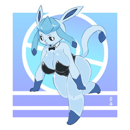 anthro anthrofied big_breasts black_body black_bow_tie black_sclera blue_background blue_body blue_fur bow_tie breasts cleavage clothed clothing eyelashes female front_view fur gloves_(marking) gradient_background huge_breasts leg_markings looking_at_viewer markings navel_outline on_one_leg pokemorph purple_background simple_background socks_(marking) solo standing thick_thighs white_background white_eyes wide_hips mc233tkx nintendo pokemon eeveelution generation_4_pokemon glaceon pokemon_(species) 1:1 absurd_res hi_res