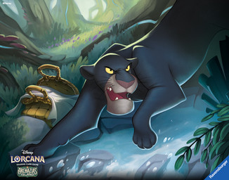 4_toes basket bedding bent_leg black_body black_eyes black_fur blanket brown_nose container fangs feet feral forest fungus fur grass gums light male male_feral mushroom open_mouth outside paws plant red_gums red_tongue river rock solo teeth text toes tongue tree water whiskers white_blanket yellow_sclera alice_pisoni disney disney_lorcana ravensburger the_jungle_book bagheera_(jungle_book) felid leopard mammal pantherine 2025 adobe_photoshop_(artwork) colored digital_media_(artwork) english_description english_text lighting official_art shaded