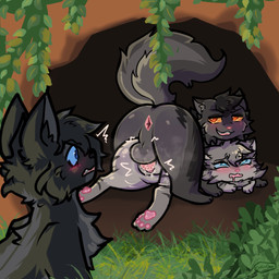 ahegao animal_genitalia animal_penis anus balls black_body black_fur black_nose blissful_mouth blue_eyes blush blush_lines bodily_fluids cheek_tuft chest_tuft clitoris cuckold cute_fangs emanata eye_roll facial_tuft fangs feline_genitalia feline_penis female feral from_behind_position fur genital_fluids genitals grass grey_body grey_fur group heart_eyes heart_symbol looking_at_another looking_back looking_pleasured lying male male/female mounting on_front open_mouth orange_eyes pawpads penetration penile_spines penis pink_anus pink_nose pink_pawpads plant raised_tail sex shrub surprised tail teeth trio tuft vaginal vaginal_fluids vaginal_penetration vines coffinclaws warriors_(book_series) crowfeather_(warriors) feathertail_(warriors) stormfur_(warriors) domestic_cat felid feline felis mammal 1:1 2026 hi_res shaded signature