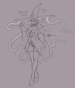 ambiguous_gender anthro big_hat biped breasts choker cleavage clothed clothing coat digitigrade duo eyelashes eyewear female glasses hat headgear headwear jewelry legwear long_eyelashes magic_user magic_wand necklace pentagram_necklace slime_on_tentacles small_eyes tentacles text thigh_highs toeless_thigh_highs topwear wearing_glasses witch witch_hat proxicute professor_tenta animate_inanimate living_clothing mammal 2025 english_text hi_res sketch