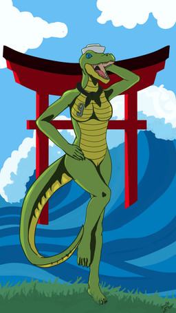 anthro big_breasts breasts clothing featureless_breasts female female_anthro genitals military military_clothing military_hat military_uniform navy non-mammal_breasts sailor scales solo text text_on_body torii uniform ventral_scales vulva a_snake_with_hat u.s._navy denver-chan alligator alligatorid crocodile crocodilian lizard marine reptile scalie absurd_res hi_res signature