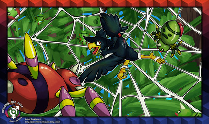 ambiguous_gender ankles_tied arthropod_abdomen arthropod_abdomen_genitalia arthropod_abdomen_vulva arthropod_webbing bdsm beak black_body bodily_fluids bondage border bound dripping erection feathered_wings feathers female feral genital_fluids genitals group leaf male male/female nude open_mouth penis plant precum precum_drip raised_tail smile spider_web tail text tongue tongue_out tree vaginal_fluids vulva web_bondage wings wings_tied duskguard nintendo pokemon arachnid ariados arthropod avian bird generation_2_pokemon murkrow pokemon_(species) spinarak absurd_res digital_media_(artwork) english_text hi_res watermark