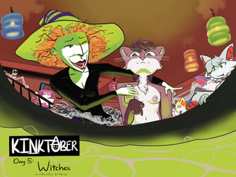 ambiguous_gender anthro areola beverage blush bodily_fluids bone bottomless breasts cauldron cleavage clothed clothing drooling eyelashes female flower genitals group hair hat headgear headwear lamp lips lipstick looking_at_another magic_user makeup male messy_hair nipples orange_pubes painting party plant pubes saliva shocked skeleton surprised vulva whiskers wide_eyed witch witch_hat echonioni kinktober kinktober_2025 nintendo pokemon scary_godmother doguez scary_godmother_(character) braixen generation_6_pokemon mammal mustelid musteline pokemon_(species) stoat true_musteline weasel 2025 4:3 hi_res