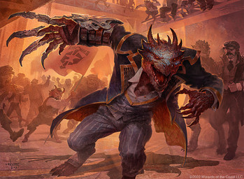 anthro anthro_focus bottomwear clothing crowd group hat headgear headwear holding_banner jacket looking_at_viewer male melee_weapon pants red_body red_scales scales tail topwear weapon svetlin_velinov hasbro magic:_the_gathering mythology wizards_of_the_coast demon demon_humanoid dragon human humanoid mammal mythological_creature mythological_scalie scalie 2021 official_art