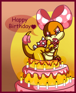 accessory anthro blue_eyes blush bow_ribbon cake dessert female food furgonomics hair_accessory hair_bow hair_ribbon lips pop_out_cake ribbons solo tail tail_accessory tail_bow tail_ribbon text thick_lips unknown_artist mario_bros nintendo koopaling wendy_o._koopa dragon_koopa koopa scalie english_text