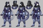 anthro armor black_hair braided_hair breasts cleavage clothed clothing eyewear feet female glasses goggles green_eyes grey_body grey_skin hair solo tail tight_suit toes cycadaacolyte f.m.merill nirmala_firestarter nirmala_newt amphibian newt pompetune salamander absurd_res hi_res