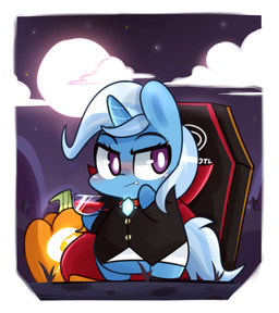 blue_body blue_fur cape clothing cloud coffin costume fangs female feral food fruit fur glass hair holidays horn jack-o'-lantern long_hair moon multicolored_hair outside plant pumpkin purple_eyes sky slightly_chubby smile solo suit teeth two_tone_hair mackinn7 friendship_is_magic hasbro my_little_pony mythology trixie_(mlp) equid equine mammal mythological_creature mythological_equine unicorn vampire