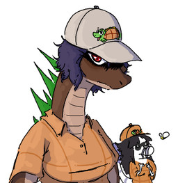 anthro black_hair blue_hair brown_body brown_scales clothing duo fast_food_employee fast_food_uniform feathers female hair hat headgear headwear long_hair long_neck long_tail looking_at_viewer multicolored_body multicolored_scales neck_spikes red_eyes scales short_hair simple_background smile snout spikes spikes_(anatomy) tail tail_tuft tan_body tan_scales tuft two_tone_body two_tone_scales white_background white_body white_scales faustanon cavemanon_studios i_wani_hug_that_gator snoot_game lunara_(iwhtg) maggie_(snoot_game) amargasaurus arthropod bambiraptor bee dicraeosaurid dinosaur diplodocoid dromaeosaurid feathered_dinosaur feathered_scalie hymenopteran insect prehistoric_species reptile saurischian sauropod sauropodomorph scalie theropod 2025 digital_drawing_(artwork) digital_media_(artwork)