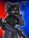 anthro clothed clothing eyewear fur gun hair male police police_badge police_hat police_officer police_uniform ranged_weapon sex simple_background solo tail uniform weapon johnlee canid canine human humanoid mammal 3:4 hi_res