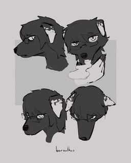 annoyed anthro bangs black_body black_fur breath cheek_tuft closed_frown disembodied_head eyewear facial_tuft frown fur glasses grey_background half-closed_eyes looking_at_viewer male markings mouth_closed narrowed_eyes open_mouth rectangular_glasses serious simple_background spots tired tuft vapor white_markings white_spots borealhao lamapola chaz_(lamapola) canid canine canis domestic_dog mammal 4:5 absurd_res expression_sheet headshot_portrait hi_res monochrome portrait sketch