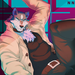 anthro belt bottomwear clothed clothing collar frown fully_clothed fur glare grey_body grey_fur jacket looking_at_viewer male muscular muscular_anthro muscular_male neck_tuft open_clothing open_jacket open_topwear pants reclining shirt solo topwear tuft white_body white_fur chazer_n brand_new_animal studio_trigger shirou_ogami canid canine canis mammal wolf 1:1 hi_res