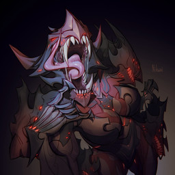 4_eyes 5_heads 6_eyes anthro big_breasts bodily_fluids breasts canine_teeth claws close-up fangs female finger_in_mouth glowing glowing_red_eyes glowing_teeth grey_body grey_skin hand_behind_back large_fangs long_tongue looking_at_viewer markings mouth_shot multi_eye multi_head open_mouth pink_tongue red_body red_glow red_skin saliva saliva_on_teeth saliva_on_tongue saliva_string simple_background solo spiked_nose spikes standing striped_markings stripes tan_body tan_skin tapering_tongue teeth tongue viewed_from_above vignette wide-open_mouth nikwaaai digital_extremes tencent warframe voruna_(warframe) alien biomechanical canid canine canis mammal mawframe warframe_(species) wolf 1:1 hi_res signature