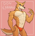 2021 abs anthro barazoku bulge canid canine canis character_name clothing countershading disney don_karnage hi_res jrjresq looking_at_viewer male mammal muscular muscular_anthro muscular_male navel open_mouth open_smile pecs pink_background pinup portrait pose simple_background smile solo standing talespin text thong three-quarter_portrait underwear wolf