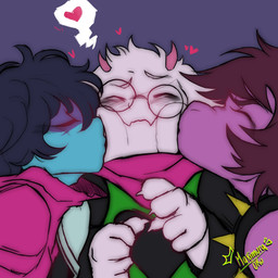 ambiguous_gender anthro blue_body blue_skin blush clothed clothing double_kiss eyewear female fur glasses hair heart_symbol horn interspecies kiss_on_cheek kissing male male/ambiguous male/female purple_background purple_body purple_scales scales simple_background white_body white_fur kristhianquint4 deltarune undertale_(series) kris_dreemurr ralsei susie_(deltarune) bovid caprine darkner goat human mammal reptile scalie 1:1 2025 hi_res