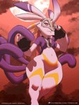 anthro breasts clothed clothing female genitals gloves handwear jewelry mask navel necklace nipples partially_clothed pussy small_breasts solo tentacles text dredjir bandai_namco digimon digimon_(species) lagomorph lekismon leporid mammal rabbit 3:4 hi_res url