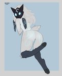 anthro blue_pussy butt cloven_hooves female female_anthro fluffy fur genitals glowing glowing_eyes hair hooves long_hair looking_at_viewer looking_back markings mask mask_only nude nude_anthro nude_female pussy short_tail solo tail thick_thighs unguligrade wearing_mask white_body white_fur melonvino league_of_legends riot_games tencent kindred_(lol) lamb_(lol) bovid caprine mammal sheep hi_res