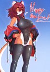 ahoge anthro big_breasts blush breasts clothed clothing cybernetics female hair heart_symbol latex legwear looking_at_viewer machine orange_body red_eyes red_hair simple_background solo streetwear tail techwear text thigh_highs mrgolla yumeo_(mrgolla) felid mammal pantherine absurd_res digital_media_(artwork) hi_res