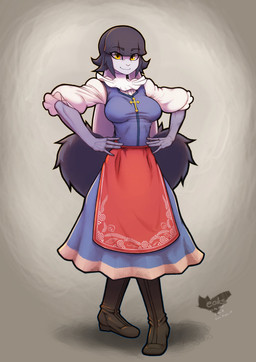 anthro blue_dress_shirt boots breasts brown_boots brown_clothing brown_footwear clothed clothing collared_shirt cross cross_necklace dress female floppy_ears footwear fur hands_on_hips jewelry lop_ears multicolored_body multicolored_fur necklace religion shirt shoes simple_background solo topwear two_tone_body two_tone_fur eoks jaska_(eoks) hybrid lagomorph leporid mammal rabbit absurd_res hi_res