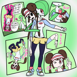 5_fingers black_text blue_clothing blue_footwear blue_shoes blue_sneakers bottomwear brown_hair clock clothing double_bun duo female fingers footwear gesture gradient_background green_background hair hand_gesture inanimate_transformation levitation light_smile one_eye_closed open_mouth pink_eyes pink_text shoes simple_background skinsuit skirt smile sneakers standing star star_(shape) suit_transformation suiting_up text tight_clothing transformation twintails_(hairstyle) v_sign watch white_speech_bubble wink wristwatch yellow_bottomwear yellow_clothing yellow_shoelaces yellow_skirt cardboardcutoutcbc nintendo pokemon rosa_(pokemon) gardevoir generation_3_pokemon human humanoid mammal pokemon_(species) 1:1 2024 absurd_res clip_studio_paint_(artwork) digital_drawing_(artwork) digital_media_(artwork) english_text hi_res