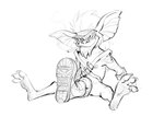 armpit_hair big_ears body_hair boots cigarette clothing convenient_censorship footwear looking_at_viewer male nipples shoes sitting sitting_on_ground smile smirk smoking smoking_cigarette solo spread_legs spreading zepthehyerian gremlins stripe_(gremlins) gremlin humanoid guide_lines hi_res monochrome sketch