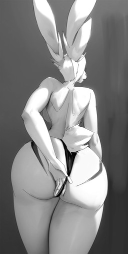 adjusting_panties anthro big_butt breasts butt clothed clothing female panties rear_view scut_tail short_tail side_boob solo tail thick_thighs underwear underwear_only wedgie thewyvernsweaver last_fables eni_siverets_(last_fables) hare lagomorph leporid mammal absurd_res hi_res monochrome
