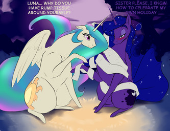 blush drunk duo feathered_wings feathers female feral holidays horn substance_intoxication text wings nivrozs friendship_is_magic halloween hasbro my_little_pony mythology princess_celestia_(mlp) princess_luna_(mlp) equid equine horse mammal mythological_creature mythological_equine winged_unicorn 2014 english_text