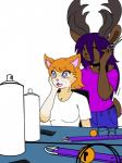 anthro barber bell clothing duo eyewear glasses hair hairspray happy pink_clothing pink_shirt pink_topwear purple_hair scissors shirt smile topwear blaze984 queen_(alfa995) ribbon_(blaze984) deer domestic_cat felid feline felis mammal new_world_deer reindeer tabby_cat 3:4 hi_res