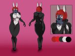 anthro black_body black_fur breasts butt collar curvy_figure female front_view fur hair metal_collar metal_mask pink_background rear_view red_eyes red_hair simple_background solo white_body white_fur yonooshi raving_rabbids rayman_(series) ubisoft serguei lagomorph leporid mammal rabbit 4:3 absurd_res hi_res model_sheet