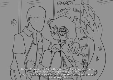 abuse abused anthro bald biped blood blood_drip blood_on_pants bodily_fluids bottomwear broken_glasses bullied clothed clothed_anthro clothed_human clothed_male clothing comforting dialogue dripping duo eyes_closed eyewear feathered_tail feathers femboy fingers glasses graffiti hair hand_on_shoulder homophobia homophobic_slur human_on_anthro humanoid_hands interspecies jacket locker long_tail looking_at_another male male/male markings nosebleed open_mouth pants profanity round_glasses sad short_hair sitting striped_markings stripes tail talking_to_another text topwear worried arsenic_iii cavemanon_studios goodbye_volcano_high ko_op_(game_developer) snoot_game anon_(snoot_game) sage_(gvh) dinosaur dromaeosaurid human mammal microraptor prehistoric_species reptile saurischian scalie theropod 2022 black_and_grey english_text hi_res monochrome