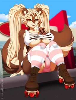 5_fingers anthro barely_visible_genitalia barely_visible_penis beverage big_breasts big_bulge blonde_hair breasts brown_body brown_eyes brown_fur brown_hair bulge clothed clothed_anthro clothed_gynomorph clothed_intersex clothing eyebrows eyelashes fingers footwear freckled_breasts freckled_face freckles fur genitals gynomorph gynomorph_anthro hair holding_beverage holding_object intersex intersex_anthro legwear long_hair looking_at_viewer multicolored_hair pattern_clothing pattern_legwear penis quad_skates roller_skates shirt solo striped_clothing striped_legwear stripes tail tongue tongue_out topwear two_tone_hair re-sublimity-kun mimi_"godiva"_dulcifer mammal mephitid skunk 2024 digital_media_(artwork) hi_res