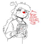 anthro antlers clothed clothing dialogue female hair holding_magazine holding_object horn long_hair magazine partially_clothed pivoted_ears porn_magazine pornography pose red_nose red_text solo sweater text topwear the-minuscule-task playboy rue_(the-minuscule-task) cervine deer mammal new_world_deer reindeer 2020 sketch