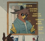 altered_reflection anthro bathroom beak brush claws closed_door clothed clothing door duo eyewear feathers finger_gun first_person_view fur gesture hand_gesture inner_monologue inside male mirror multiple_persona multiple_personalities personality_swap pointing reflection sink solo sunglasses text thinking toothbrush towel dustifang avian english_text hi_res